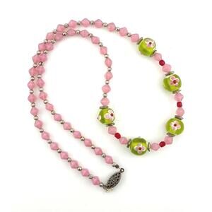 Glass Lamp Work Floral Beaded Necklace Pink Red Silver and Green Vintage 21"